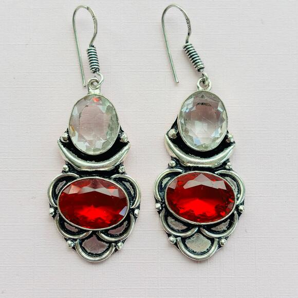 925 Sterling Garnet & White Topaz Dangle Earrings - Picture 2 of 6